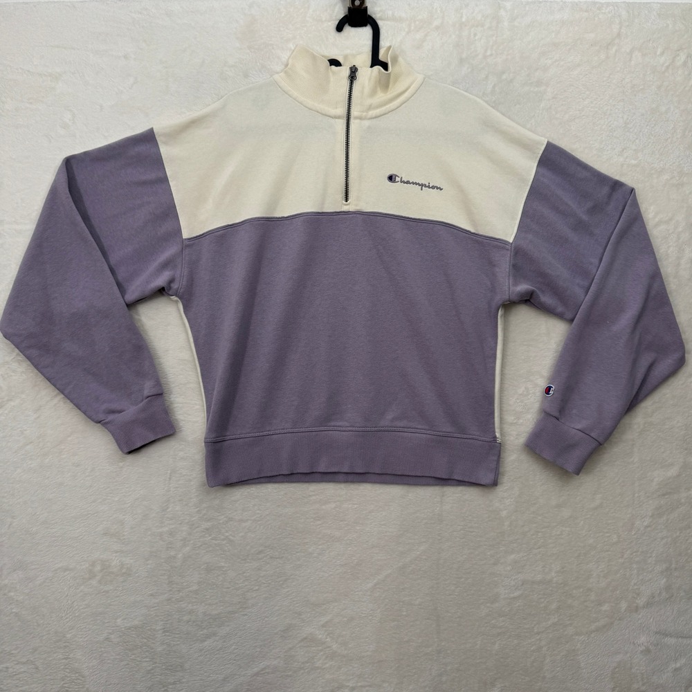 Champion Sweatshirt Womens XS Cream Purple Colorblock Quarter Zip Pullover
